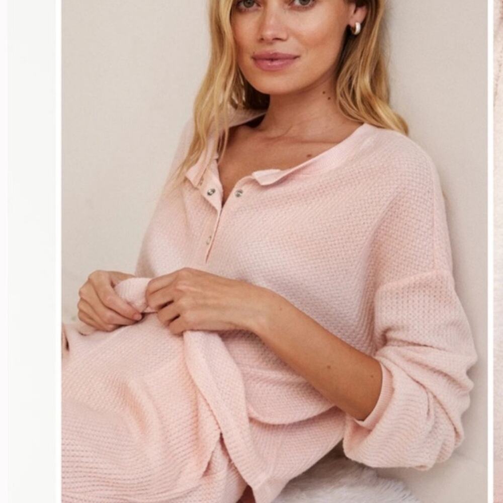 Z Supply Snuggle Up Waffle Thermal Long Sleeve Henley Top Medium Vintage Pink